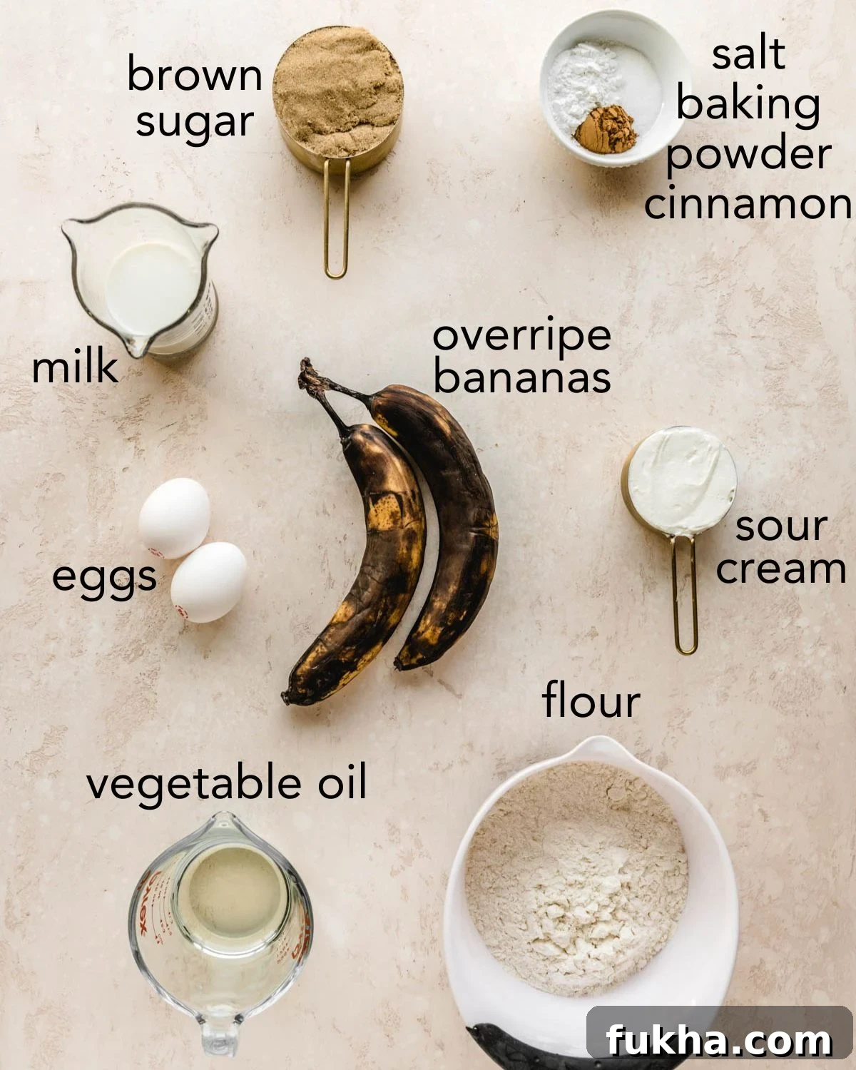 Ingredients needed to make banana muffins with sour cream.