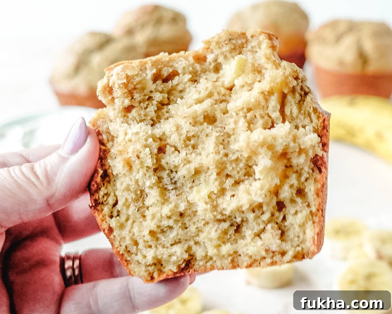 Fluffy inside of a jumbo banana muffin.