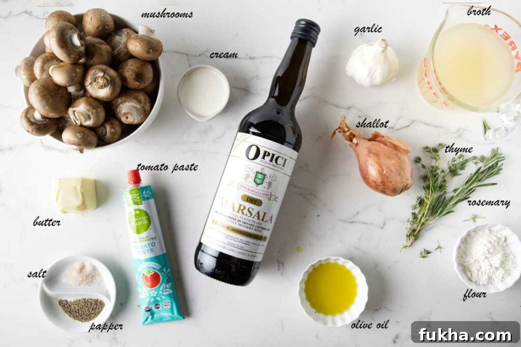 Ingredients for marsala and mushroom sauce.