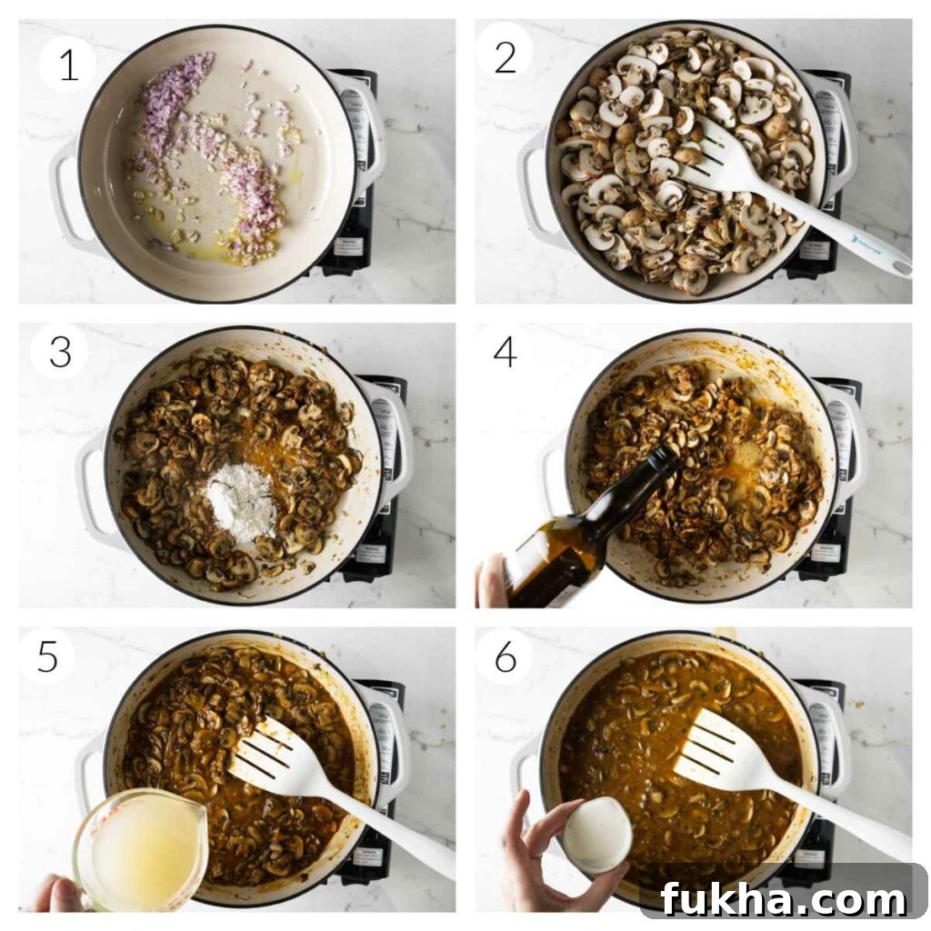 A collage of six photos showing the steps for making marsala sauce.