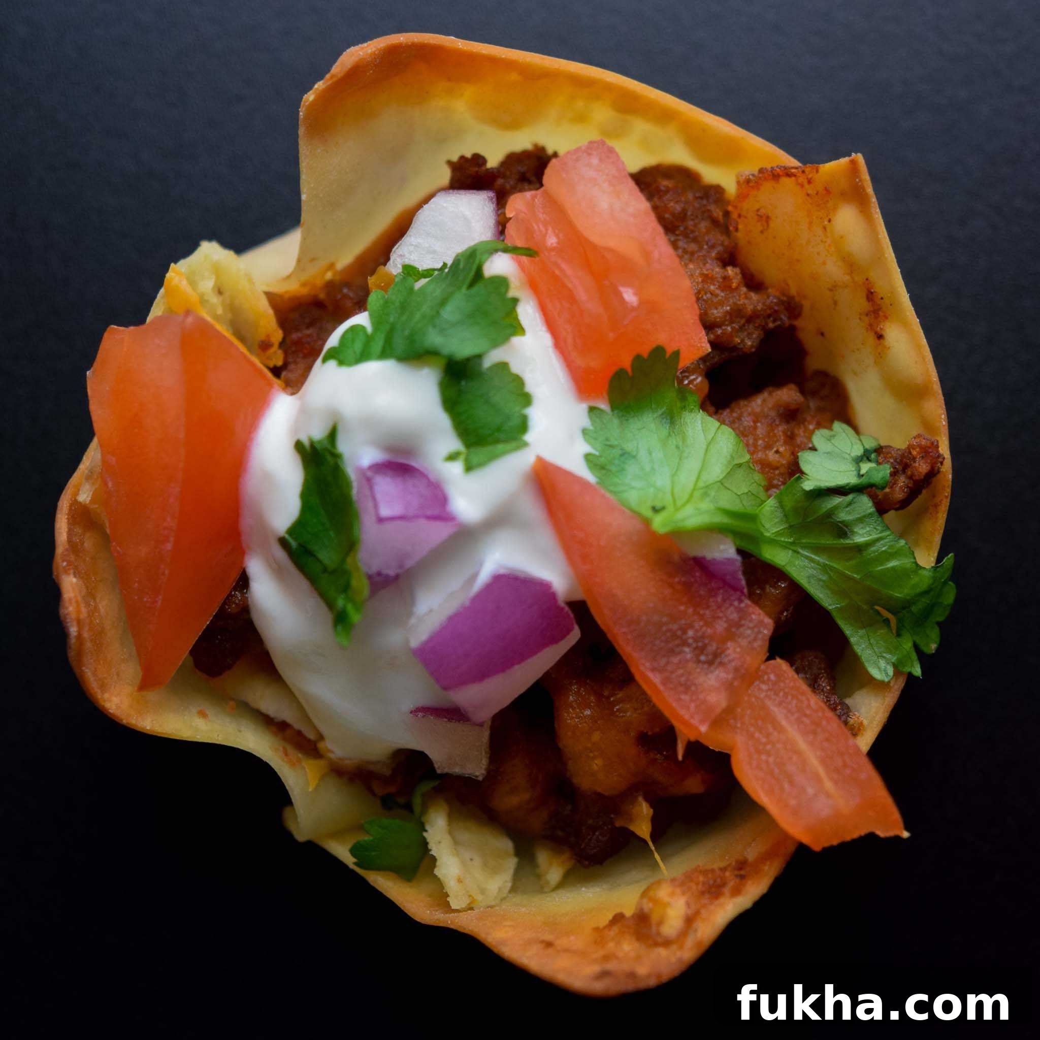 Taco Wonton Cups Recipe for Parties 5 taco won ton cup topped with toppings overhead shot