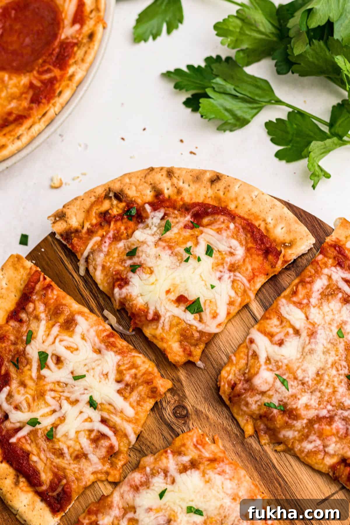 Make Crispy Air Fryer Pita Pizzas in 10 Minutes 2 Cheesy pizza with a golden crust of pita bread on a cutting board on a marble table.