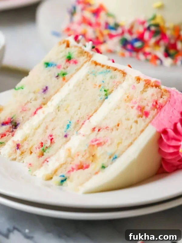 Decadent Chantilly Cream Cake Recipe 12 Slice of funfetti cake on a plate
