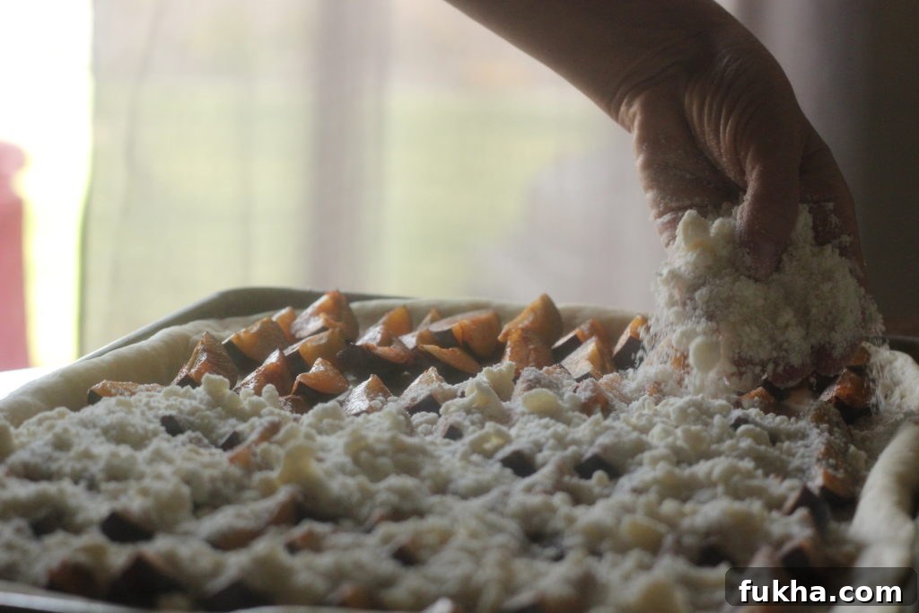 sprinkling crumb mixture over a pan of plum cake