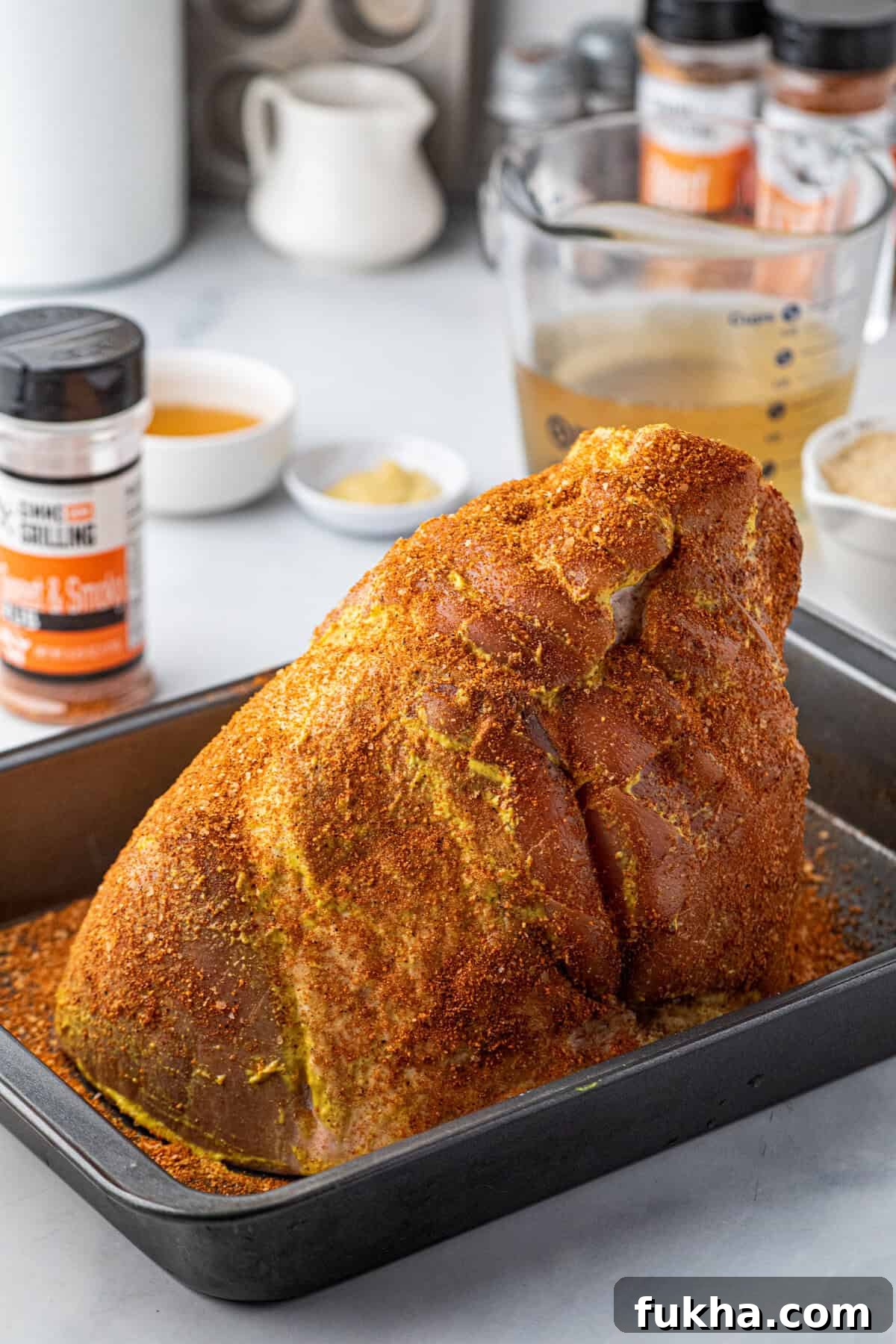 Coating the whole ham with Sweet & Smoky rub in shallow baking dish for Pulled Pork Ham recipe