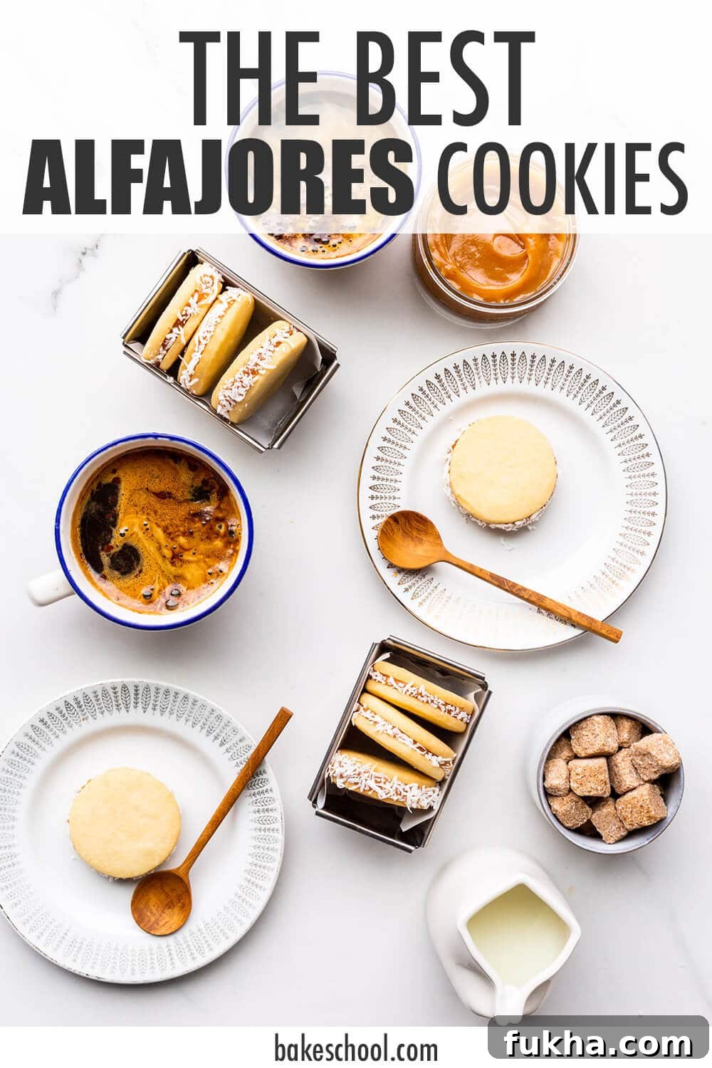 Classic Argentinian Alfajores Recipe with Dulce de Leche 2 Alfajores sandwich cookies coated in coconut and served with coffee.