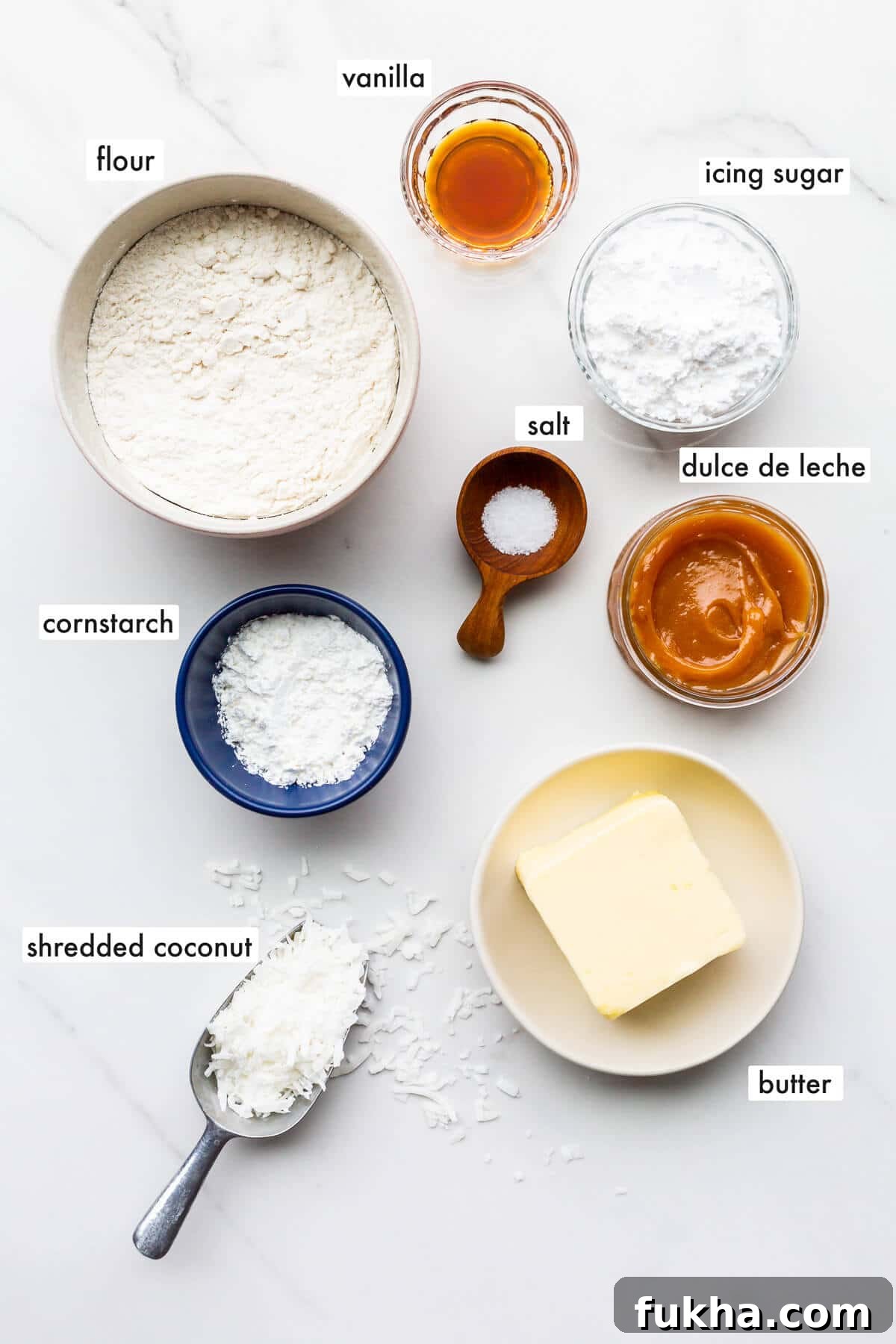 Classic Argentinian Alfajores Recipe with Dulce de Leche 3 Ingredients to make alfajores cookies measured out and ready to mix.