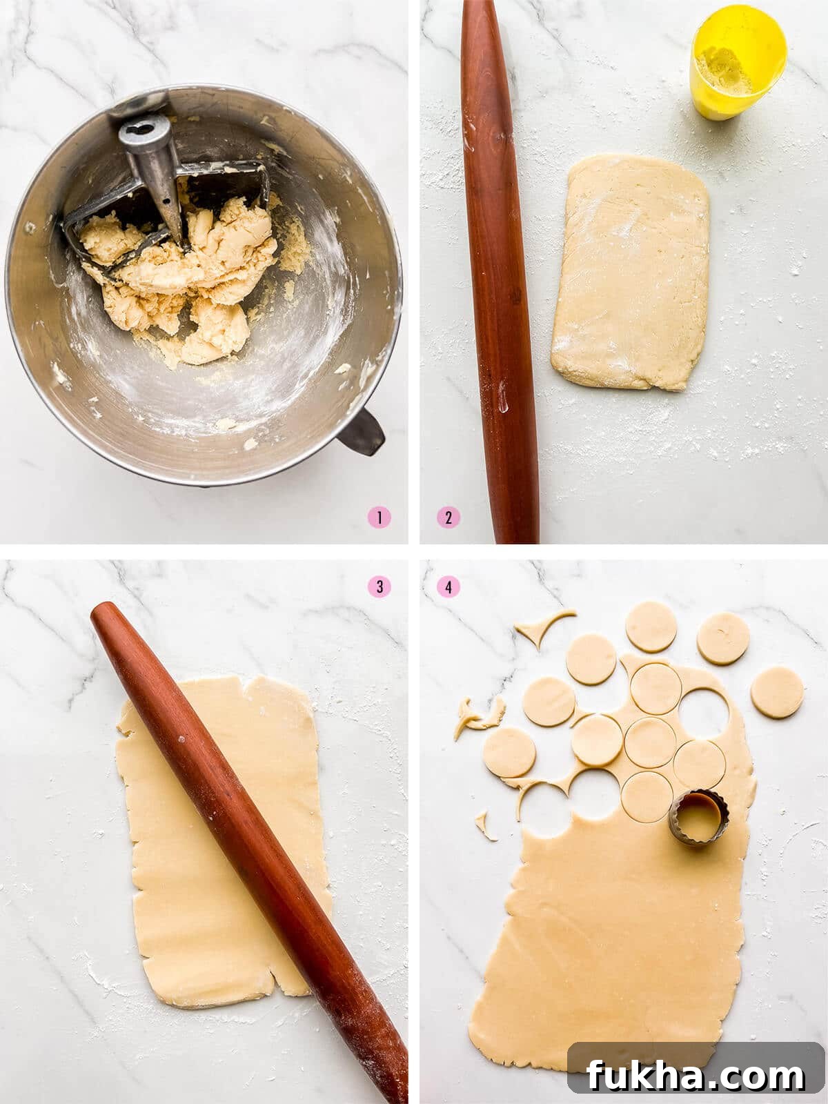 Classic Argentinian Alfajores Recipe with Dulce de Leche 5 Collage of steps to make cutout shortbread cookies, including making the dough with the mixer in image 1, flouring the counter to roll out the chilled dough in image 2, rolling out the dough with a wood rolling pin in image 3, and cutting out perfect circles with a cookie cutter in image 4.