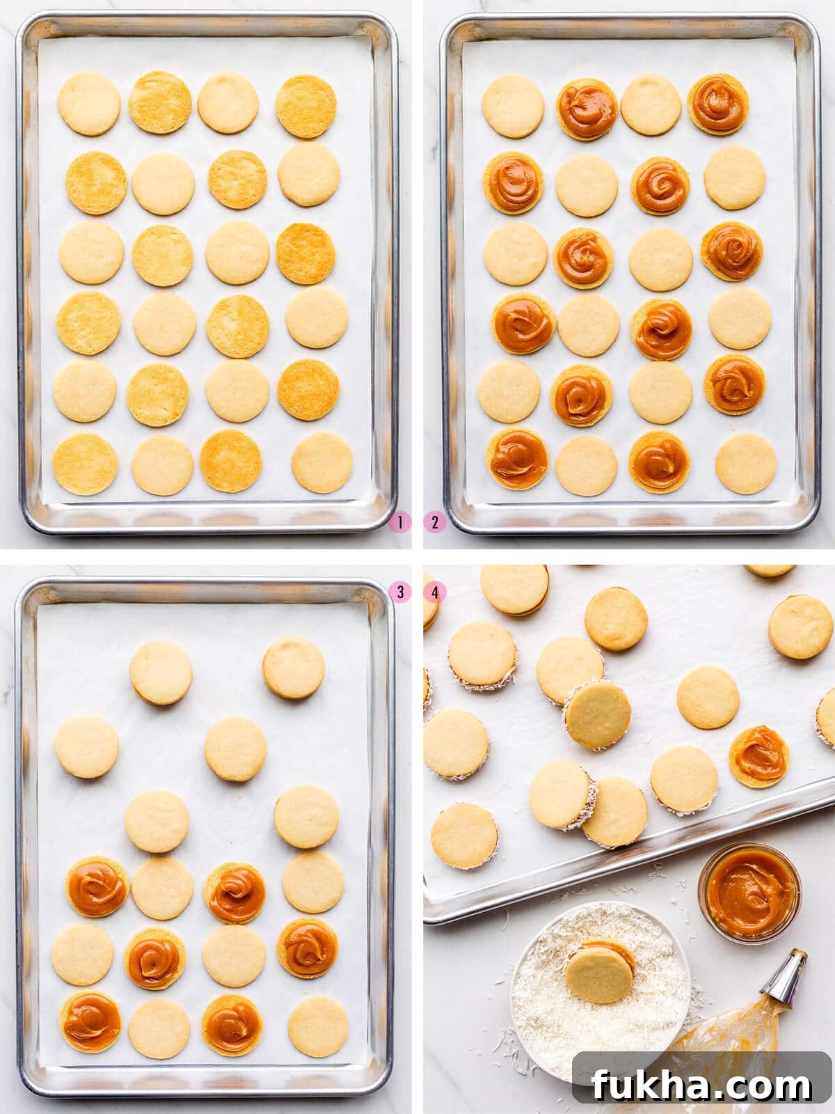 Classic Argentinian Alfajores Recipe with Dulce de Leche 9 Collage of four images to show how to assemble alfajores cookies starting in image 1 with freshly baked shortbread cookie cutouts; image 2 shows half the cookies are topped with dulce de leche; image 3 shows how to sandwich the cookies; image 4 shows rolling the sandwich cookies in coconut to coat the edges.
