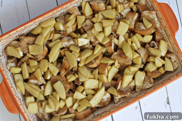 Caramel Apple Bagel Bread Pudding in casserole dish