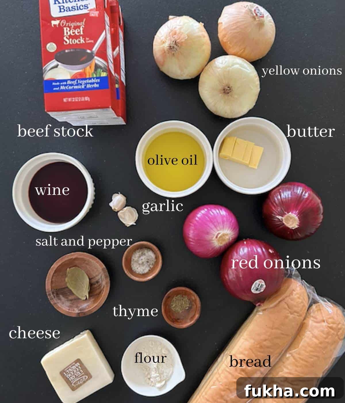Ingredients for French onion soup on countertop.