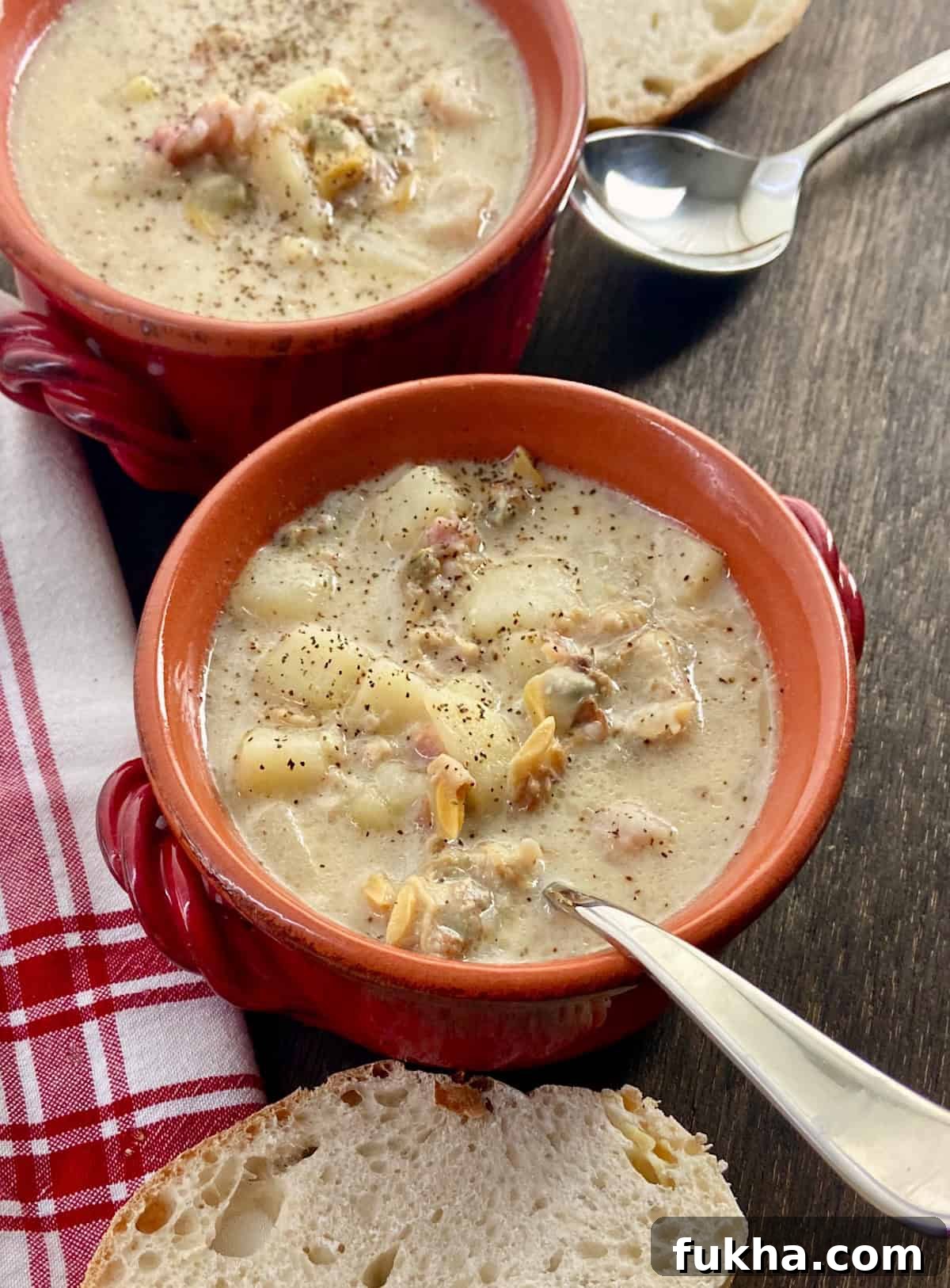 Clam chowder in red bowl with spoon.
