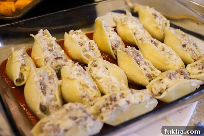 Baked Lasagna-Stuffed Shells Recipe 3 Lasagna Stuffed Shells cooked in a casserole dish