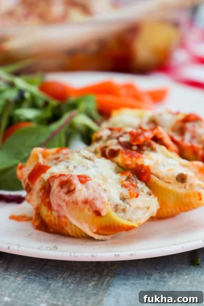 Baked Lasagna-Stuffed Shells Recipe 5 Lasagna Stuffed Shells on a plate with salad