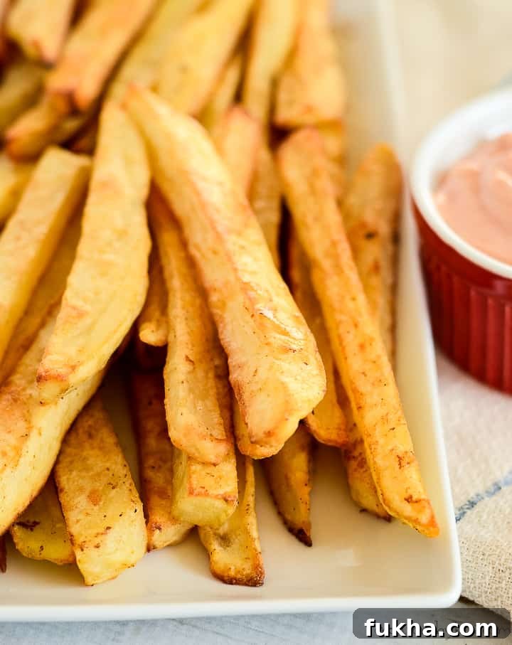 tray of crispy baked french fries with fry sauce