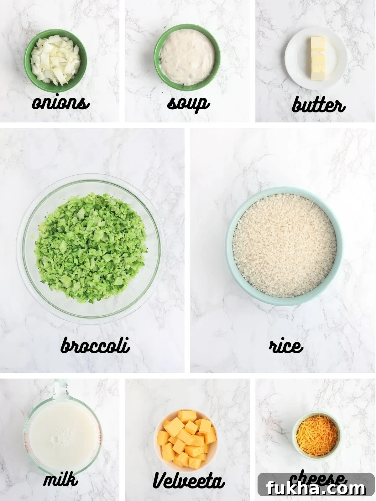Creamy Broccoli Cheese Casserole 3 collage of ingredients needed to make cheesy broccoli casserole
