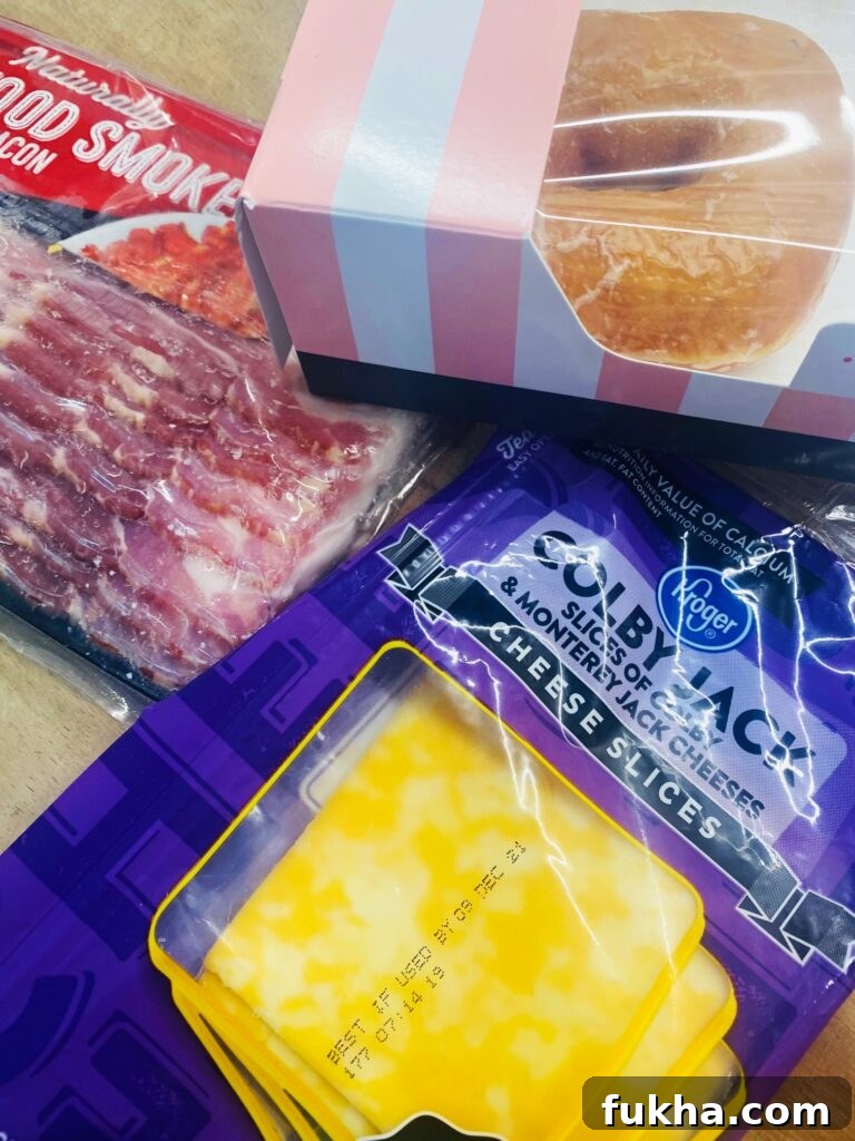 Ingredients for Donut Bacon Grilled Cheese: donuts, cheese, and bacon