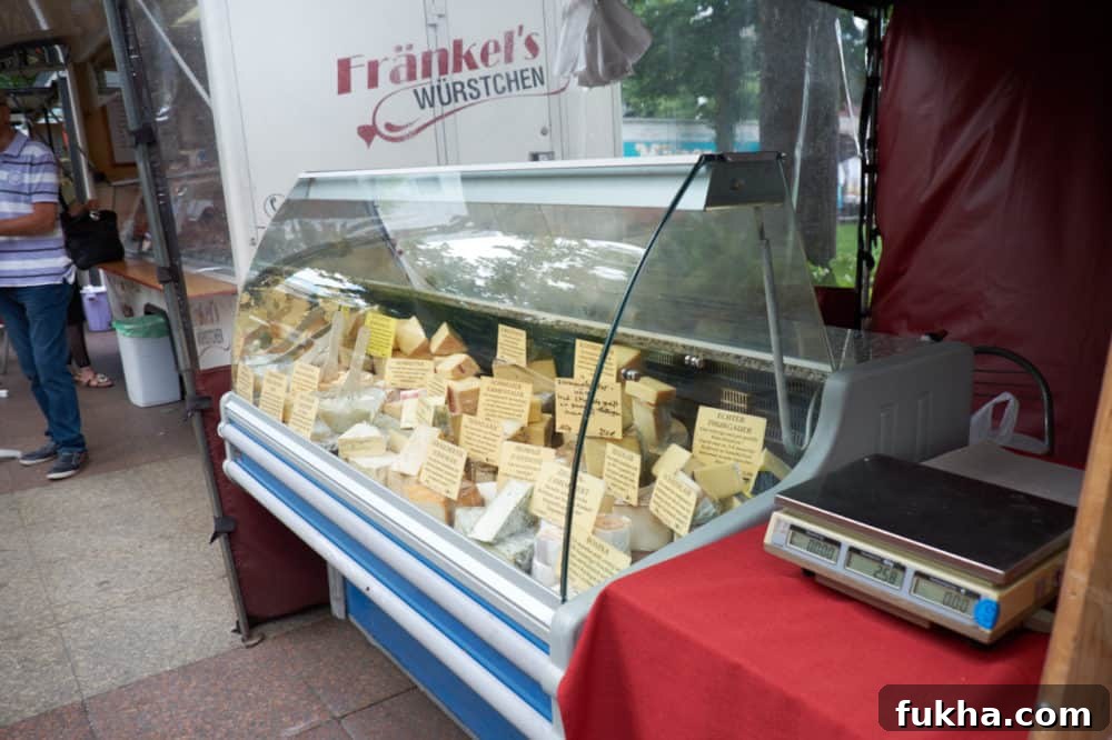 24-Hour Berlin Food Guide: What to Eat in a Day 8 A cheese case at an outdoor market.