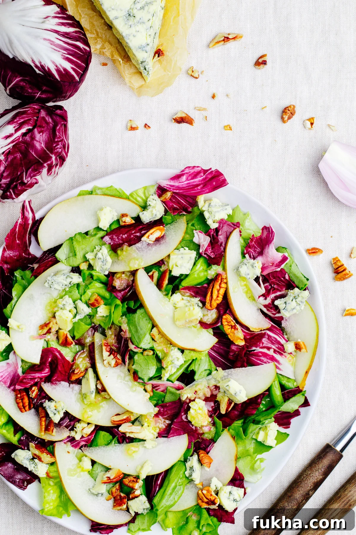 Radicchio Salad on a white salad plate photographed from the top.