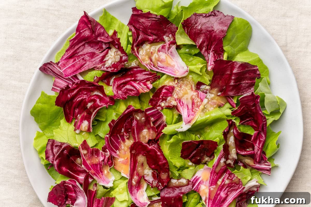 radicchio and butter lettuce dressed on a white plate.
