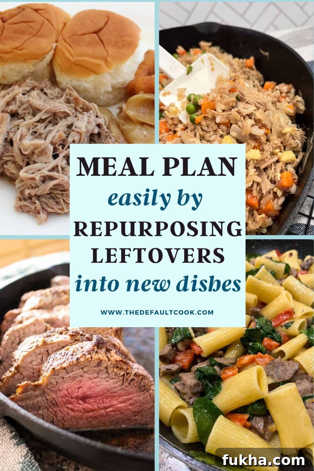 A collage shows pulled pork sandwiches, fried rice with meat and vegetables, roast beef slices, and pasta with spinach and beef, with text: “Meal plan easily by repurposing leftovers into new dishes.”.