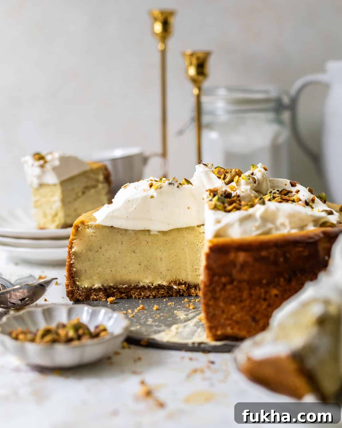 Creamy Pistachio Cheesecake Recipe 2 pistachio cheesecake with slices cut out topped whipped cream and chopped pistachios.