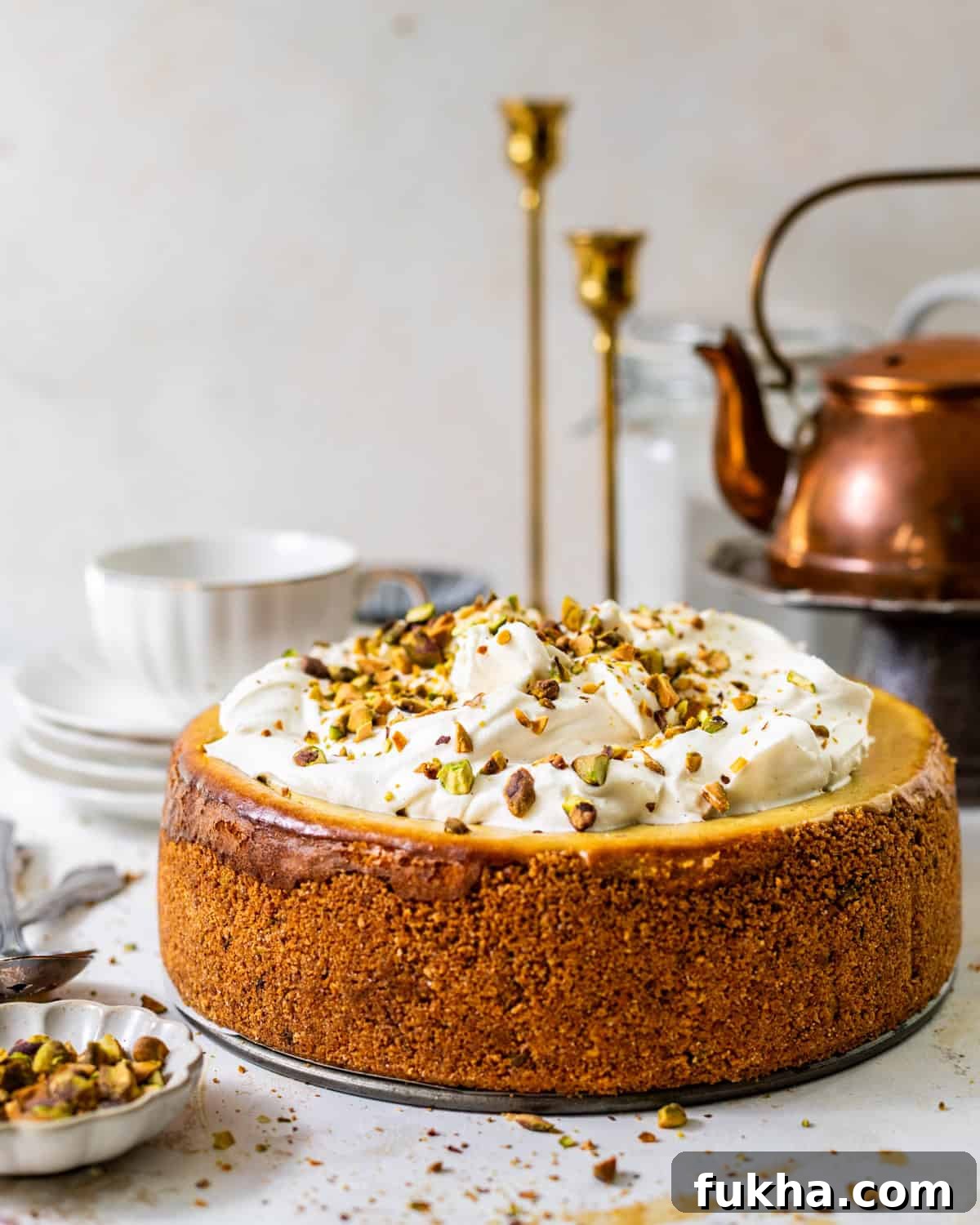 Creamy Pistachio Cheesecake Recipe 7 cheesecake with pistachios and whipped cream on top.