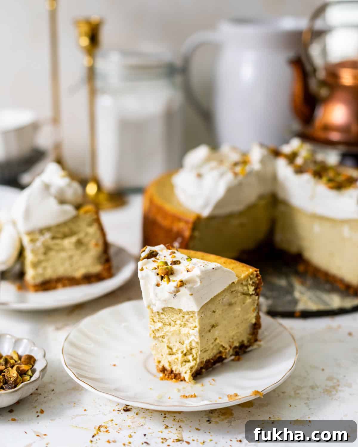 Creamy Pistachio Cheesecake Recipe 8 a slice of pistachio cheesecake on a plate.
