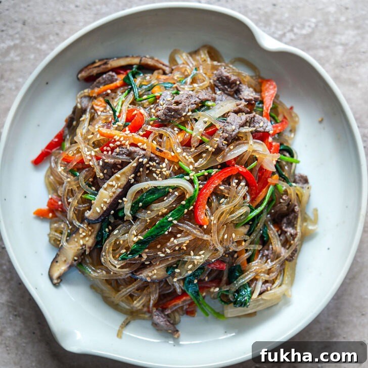 Korean japchae glass noodles with beef and vegetables