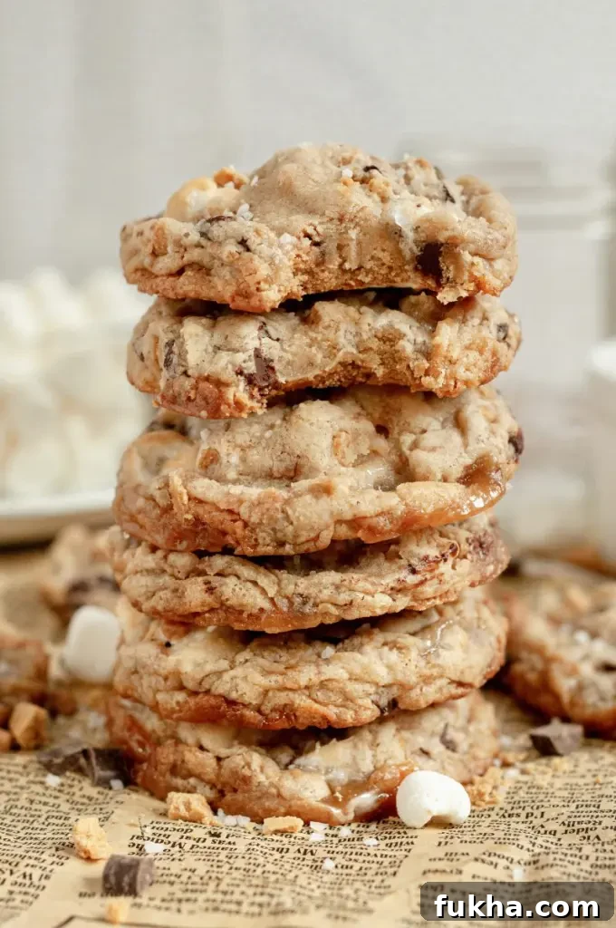 Toffee S'mores Cookies with Gluten & Dairy-Free Option 2 Golden yellow toffee s'mores cookies loaded with dark brown chocolate chunks, gold toffee bits, and bright white marshmallows.