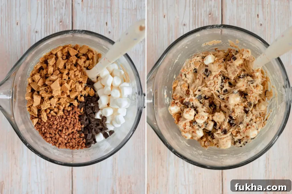 Toffee S'mores Cookies with Gluten & Dairy-Free Option 5 Golden yellow toffee s'mores cookies loaded with dark brown chocolate chunks, gold toffee bits, and bright white marshmallows.