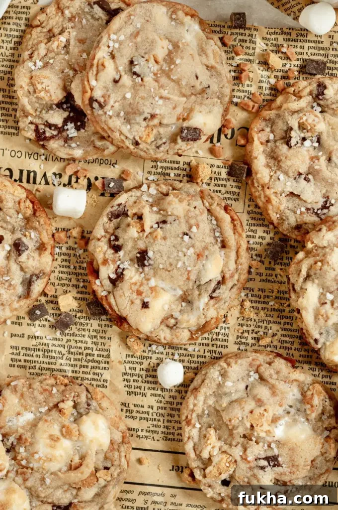 Toffee S'mores Cookies with Gluten & Dairy-Free Option 6 Golden yellow toffee s'mores cookies loaded with dark brown chocolate chunks, gold toffee bits, and bright white marshmallows.
