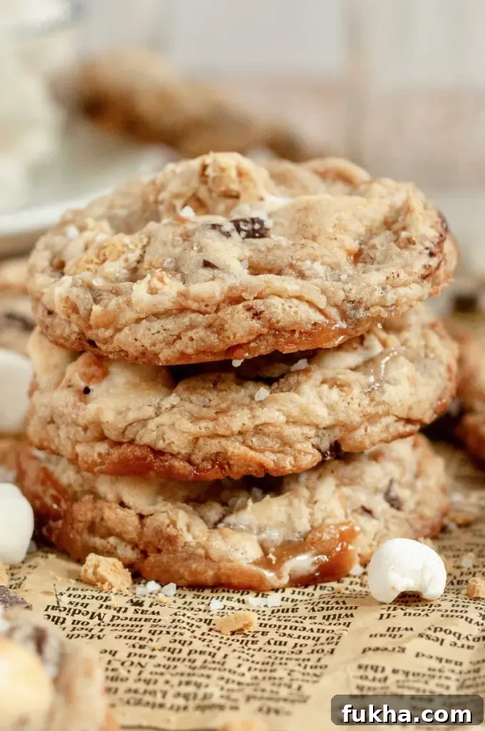 Toffee S'mores Cookies with Gluten & Dairy-Free Option 7 Golden yellow toffee s'mores cookies loaded with dark brown chocolate chunks, gold toffee bits, and bright white marshmallows.