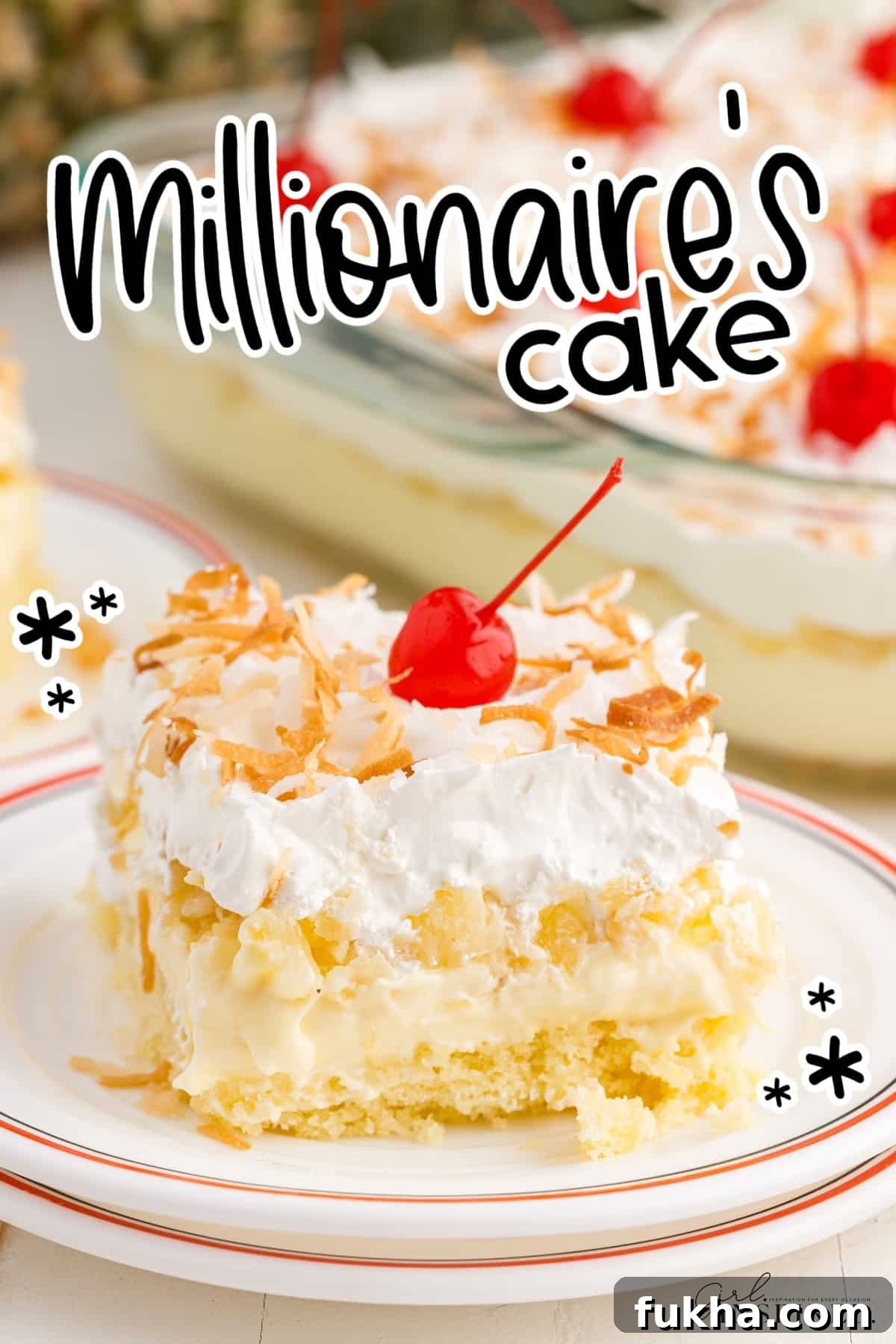 A slice of Millionaire’s Cake on a plate with text overlay.