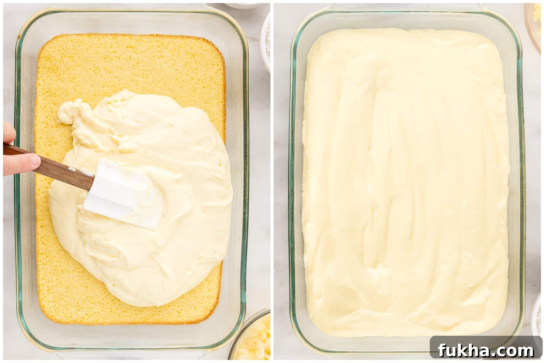 Pudding mixture being spread over cake.
