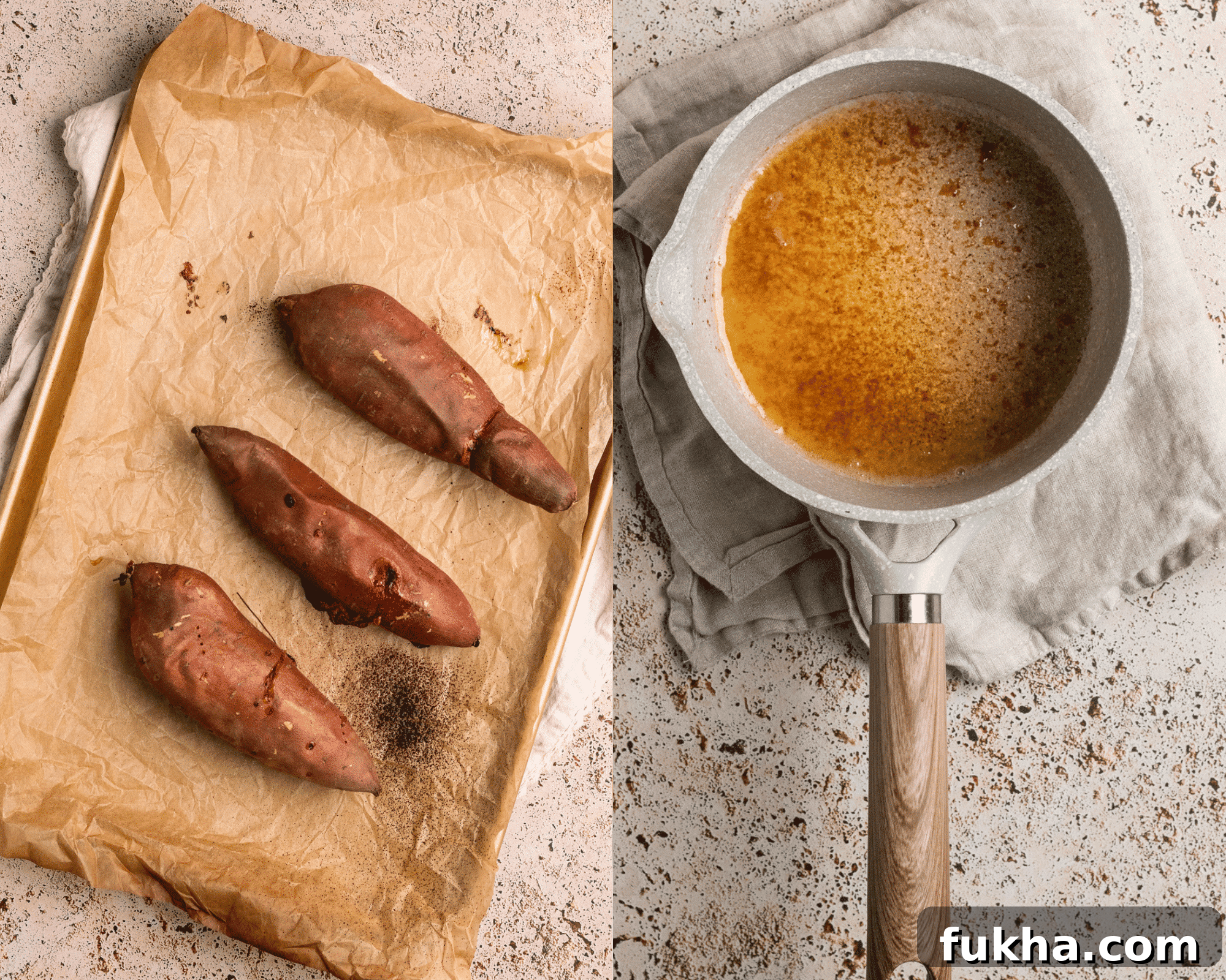 sweet potatoes on parchment paper and brown butter in a sauce pan.
