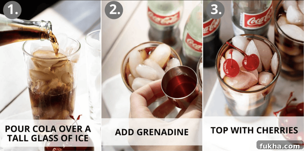 Step by step of making a roy rodgers mocktail with coca cola, grenadine, and cherries