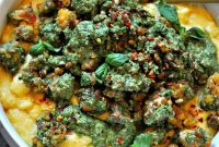 Crispy Vegan Pesto Tempeh with Parmesan Polenta