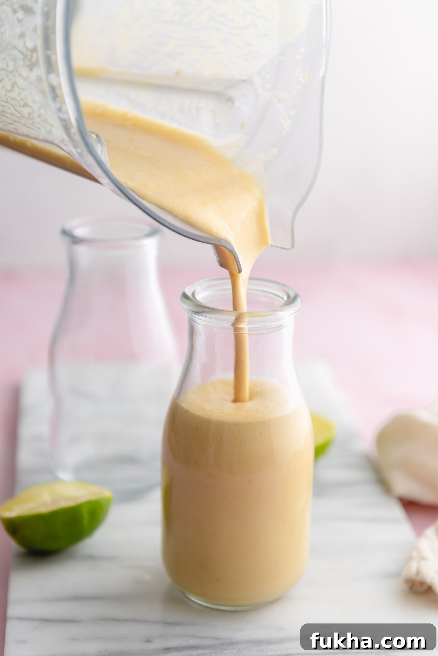Pouring a mango smoothie from a blender into a glass jar.