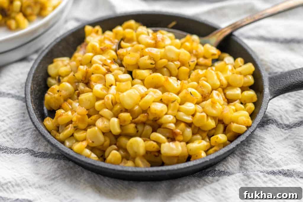 Smoky Charred Corn on the Cob Recipe 2 charred corn in a small skillet with a spoon