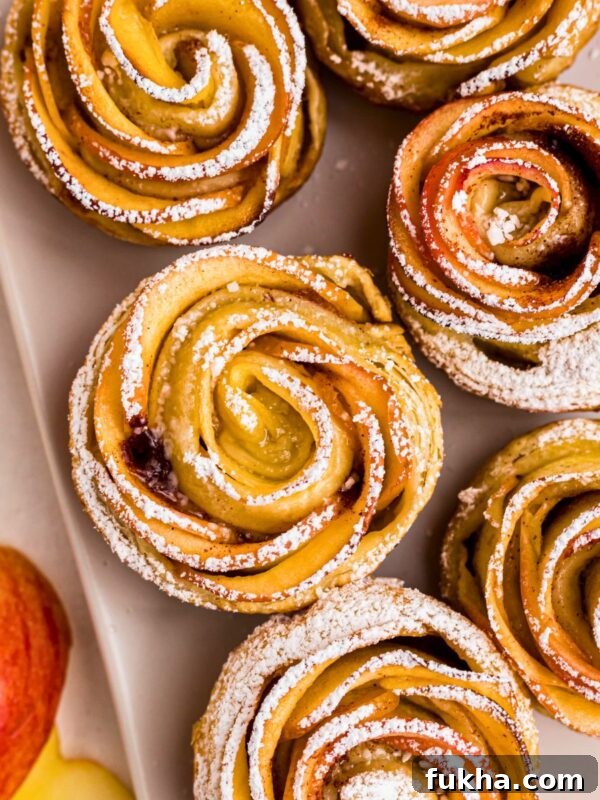 Apple roses on a white rectangle plate, then sprinkled with powdered sugar.