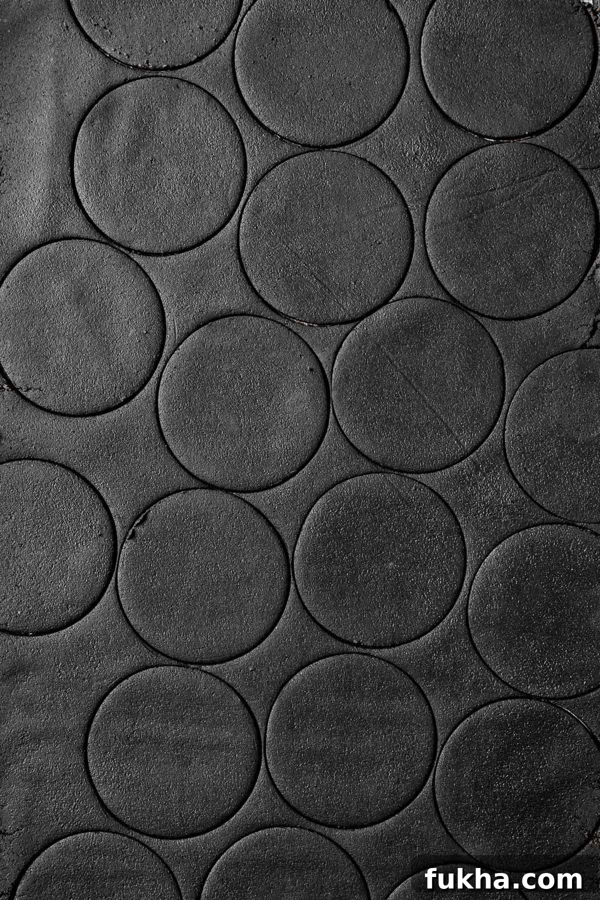 Crispy Homemade Chocolate Wafer Cookies Recipe 10 Round circles cut in black cookie dough.