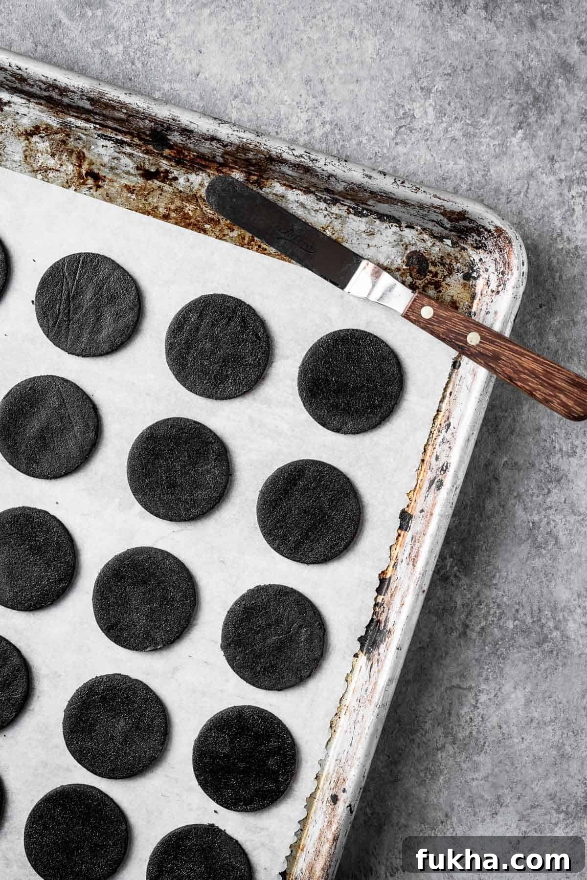 Crispy Homemade Chocolate Wafer Cookies Recipe 11 Round cut out cookie dough on a parchment lined baking sheet.