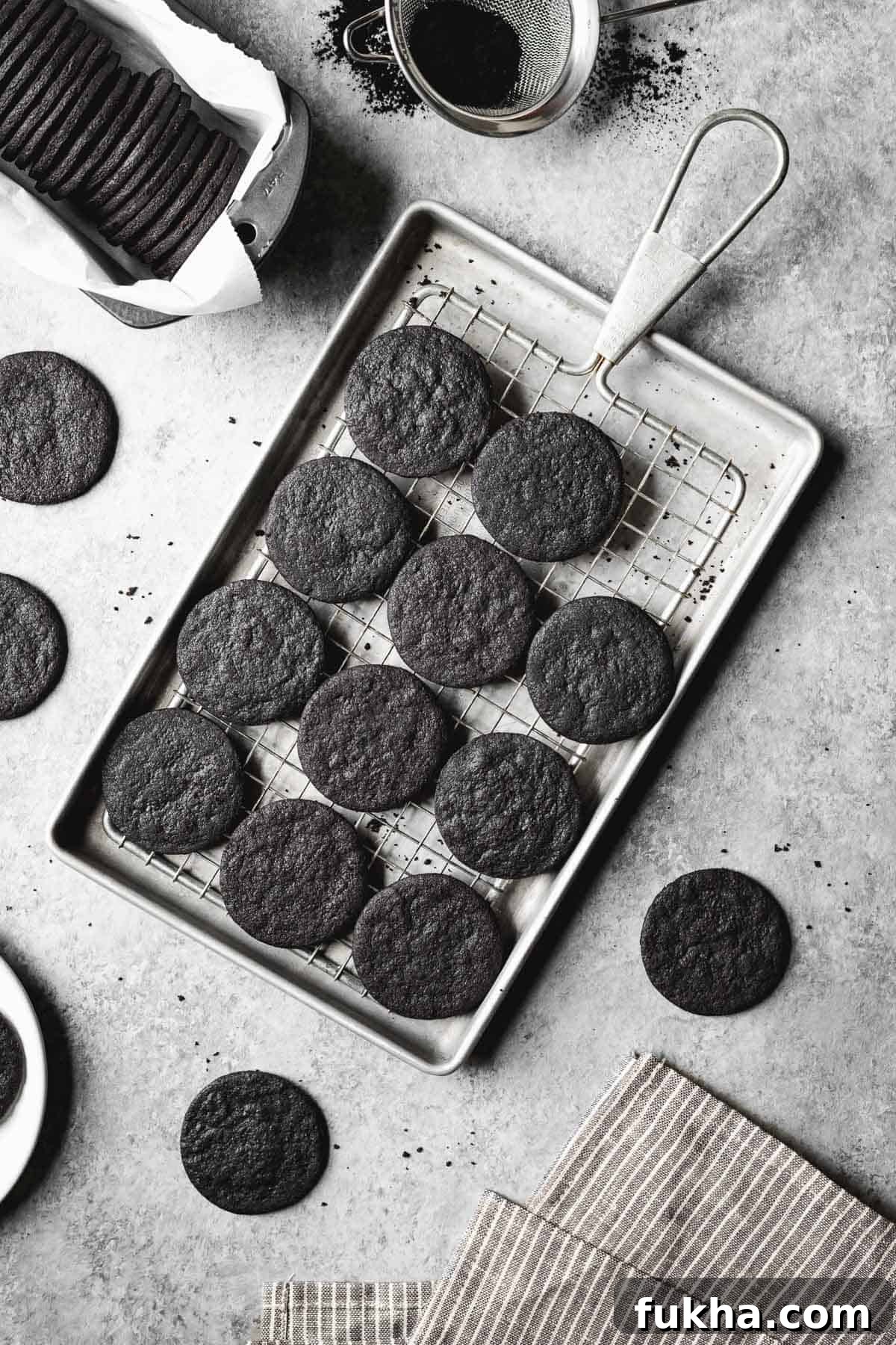 Crispy Homemade Chocolate Wafer Cookies Recipe 3 Round black cookies on a vintage cooling rack and pan.