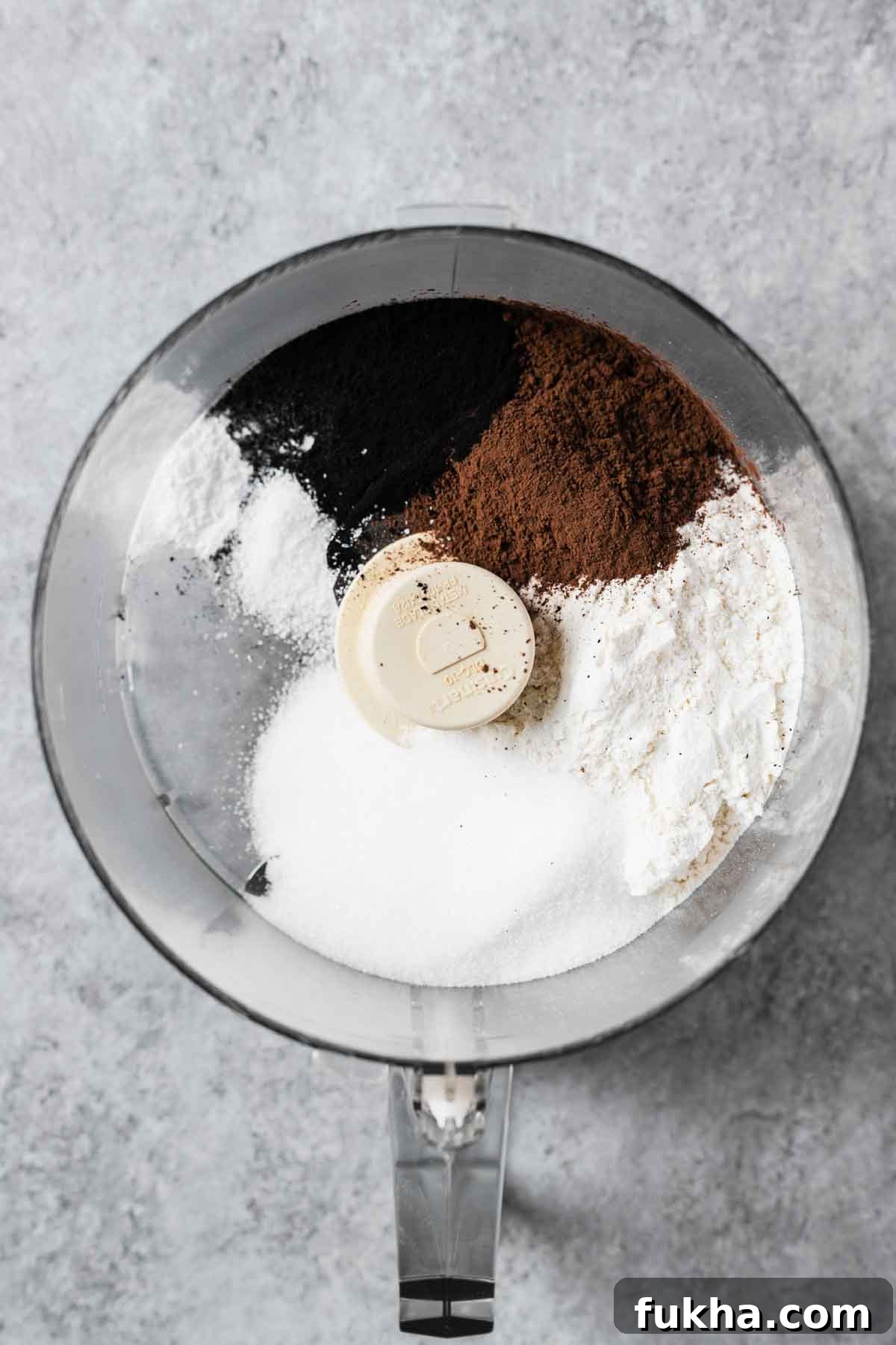 Crispy Homemade Chocolate Wafer Cookies Recipe 5 Dry ingredients for cookies in a food processor bowl.