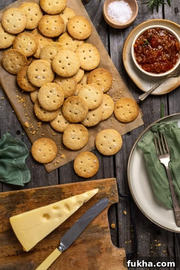 Sourdough ritz crackers with cheese and chutney