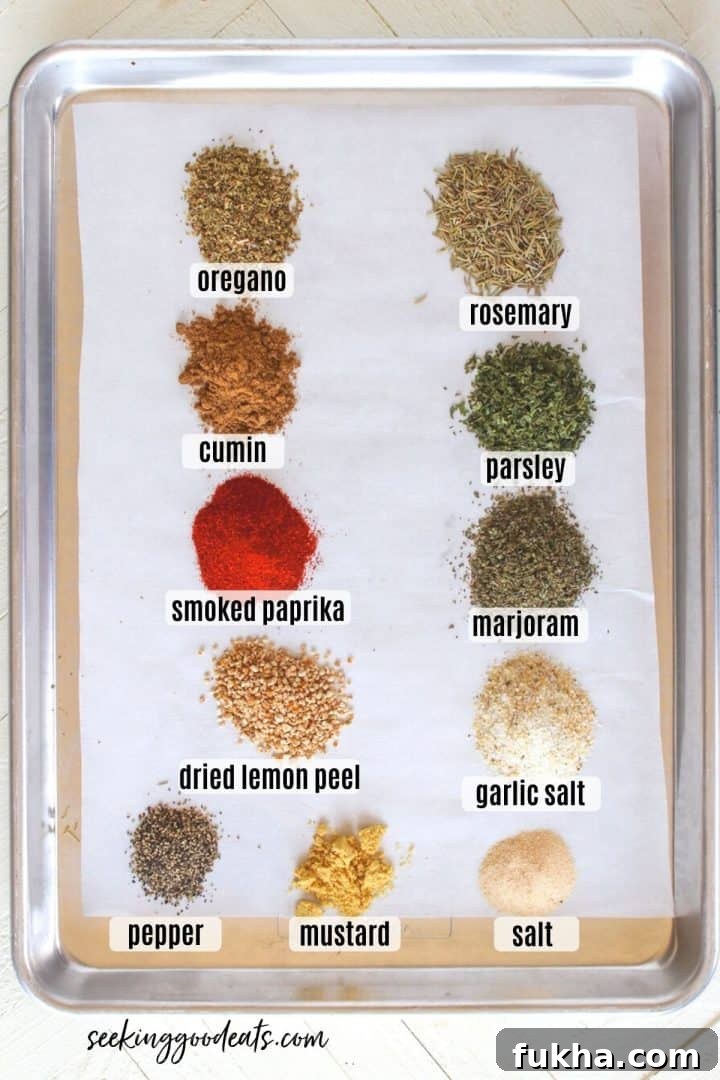 Ingredients needed for making lamb rub laying on a sheet pan.
