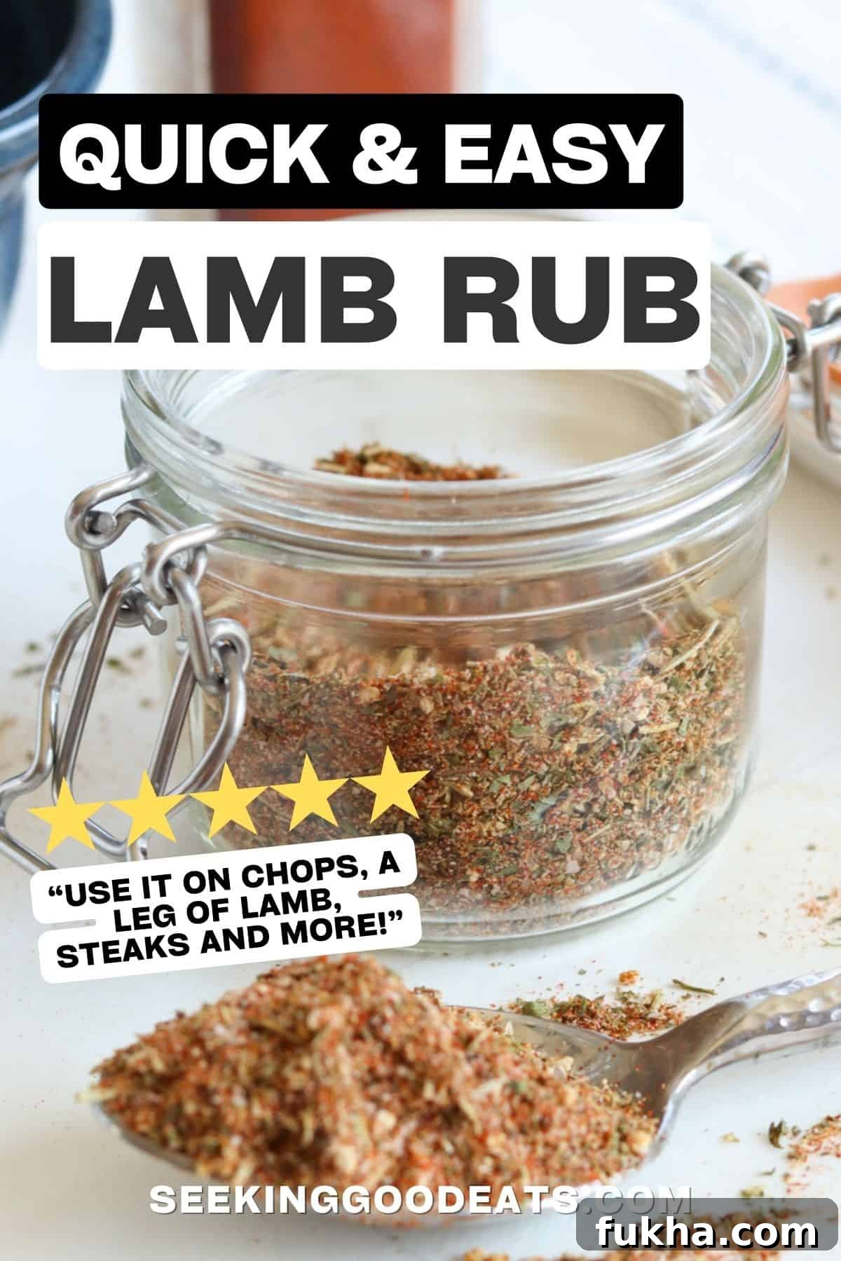 Pinterest pin with lamb rub in a clear jar with a spoon.