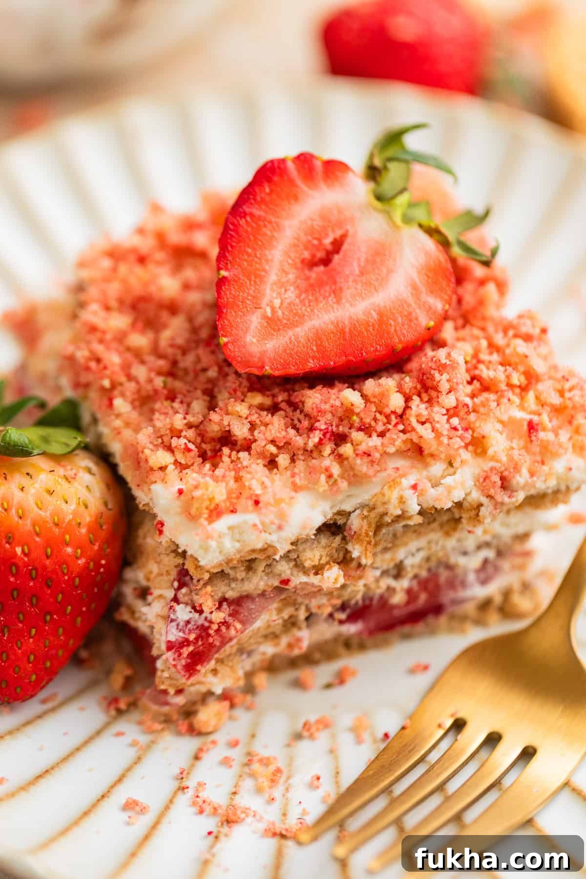 Strawberry cheesecake icebox cake on plate topped with strawberry crunch topping and strawberry slice.