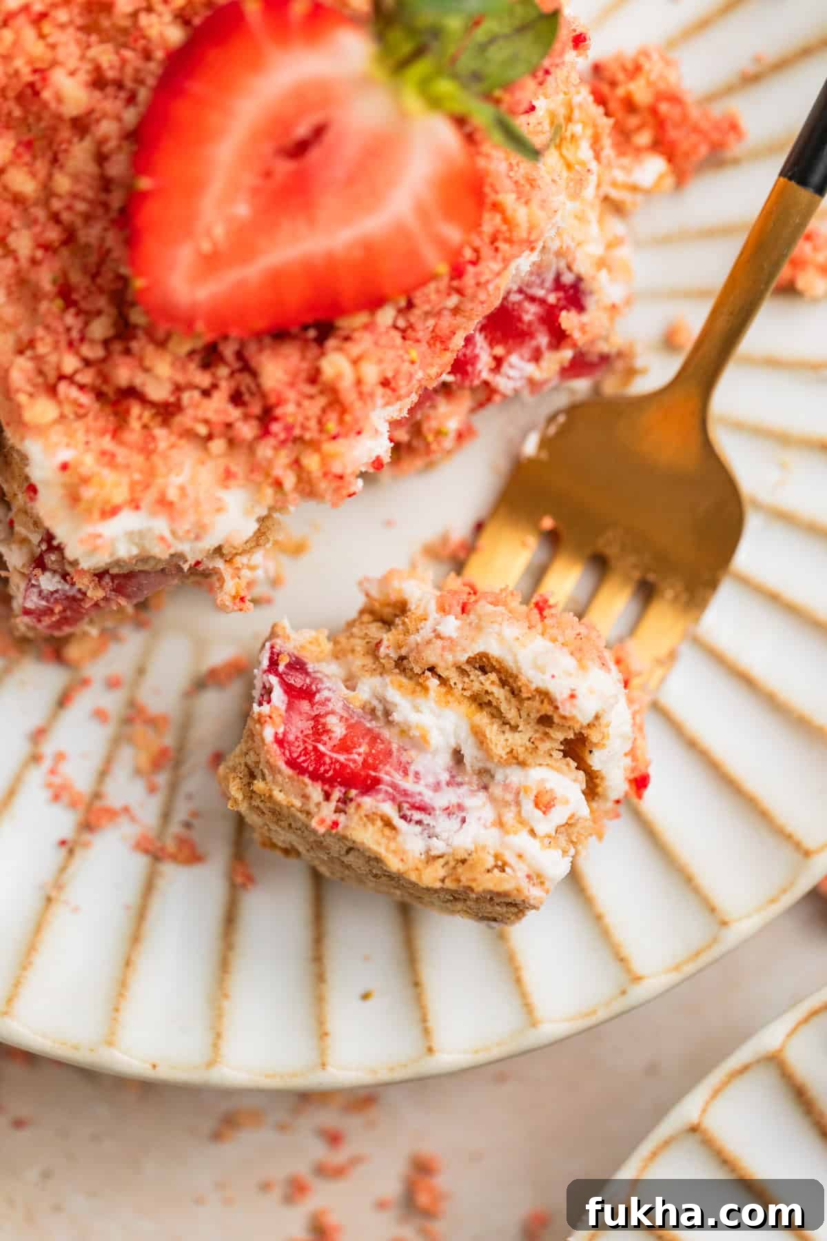 Fork with strawberry crunch cream cheese layered icebox cake on plate with rest of the piece.
